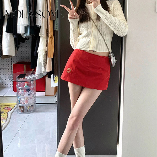 High waisted red mini skirt best sale