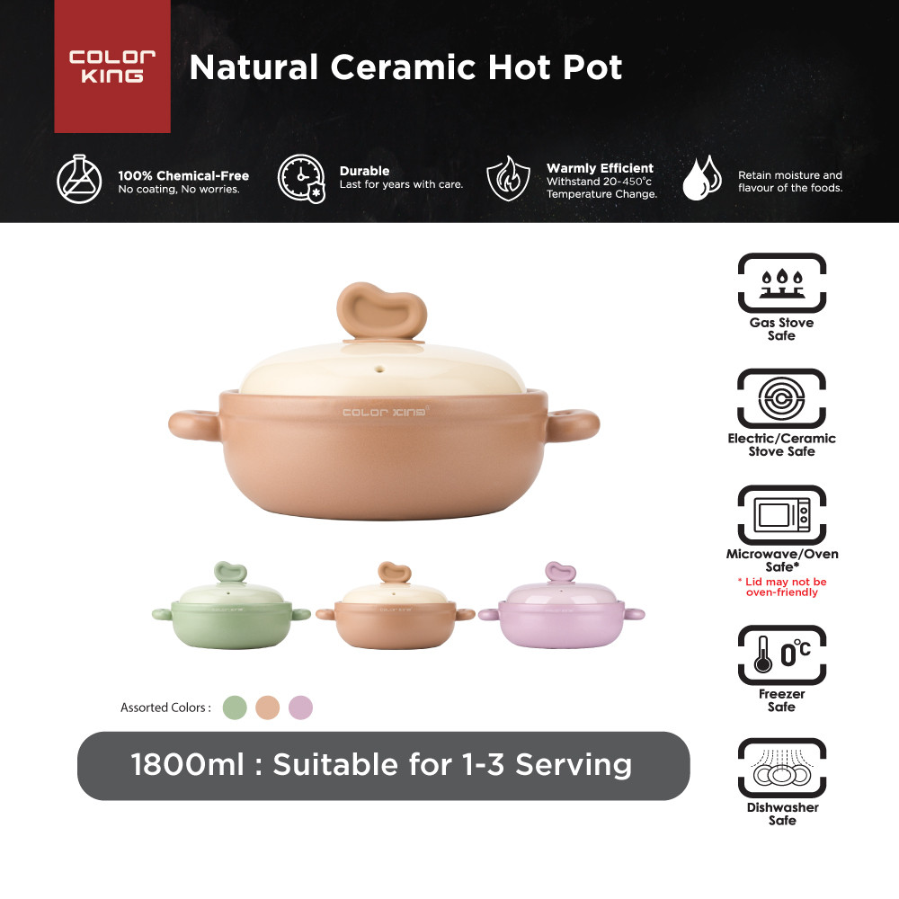 Color King Luno 100% Ceramic Hot Pot 1800ml/ Ceramic Cookware / Healthy ...