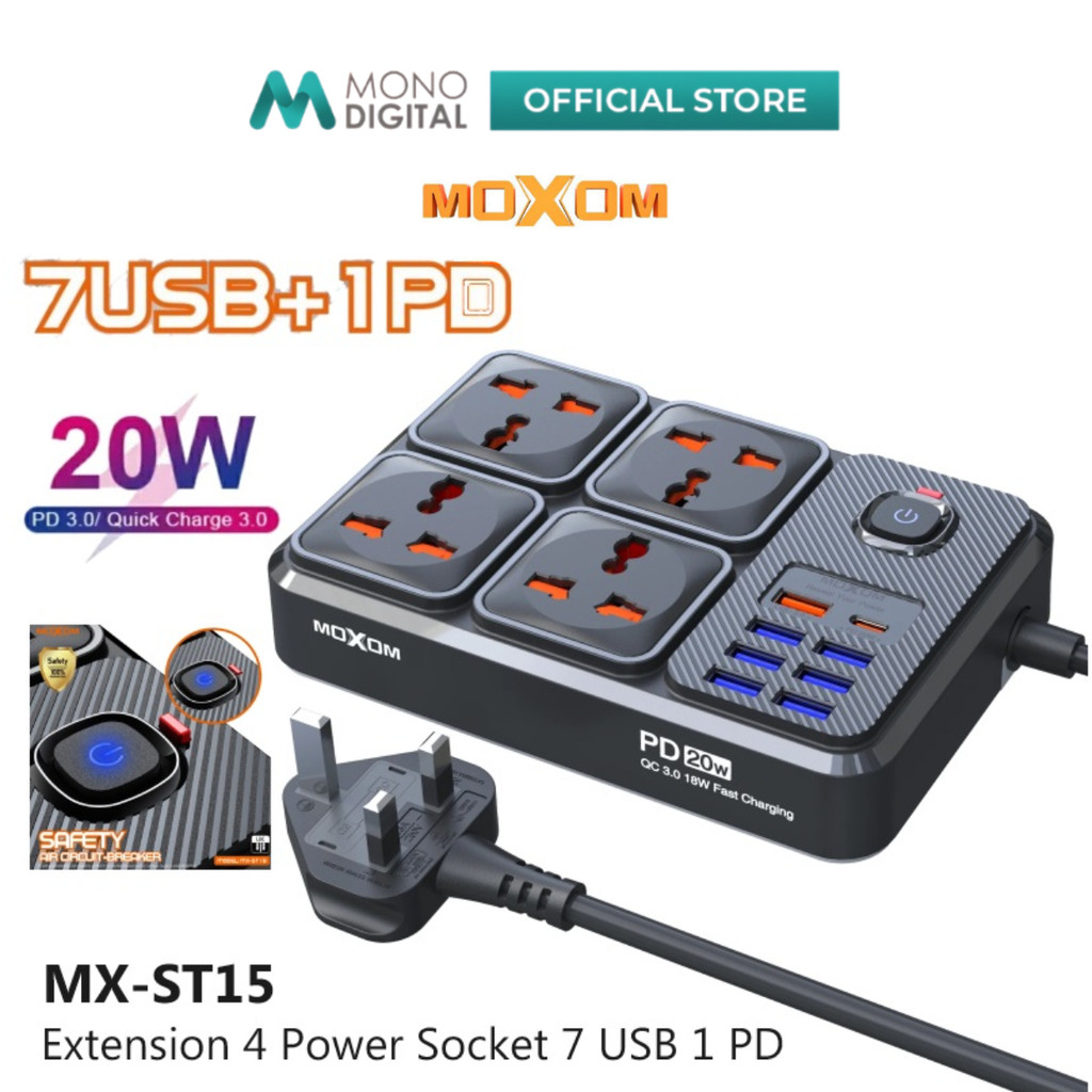 MOXOM MX-ST15 EXTENSION 4 POWER SOCKET + 7 USB + 1PD 20W USB C QC 18W ...