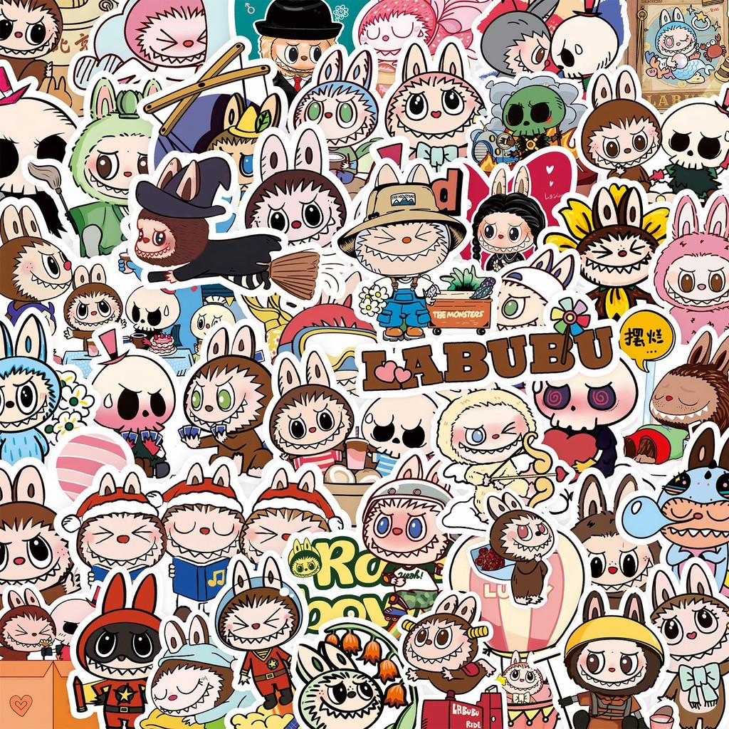 Arabest 50pcs Labubu Cartoon Stickers For Teen Water Bottle Cool Terror Labubu Waterproof Vinyl Decal For Kids Adult Girl Laptop Skateboard Phone Guitar Travel Case Bike