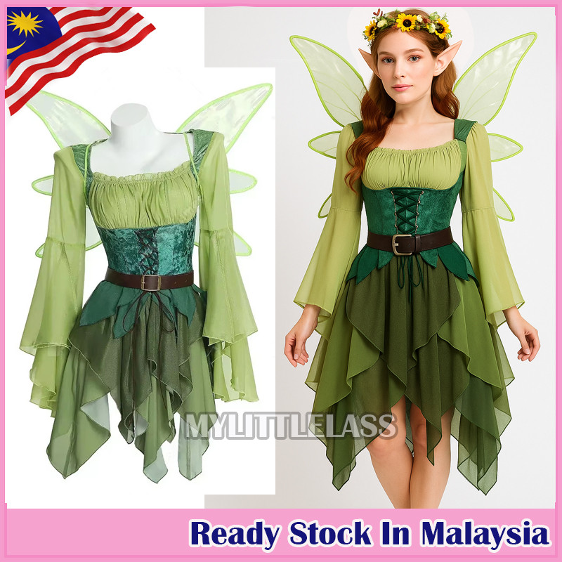 MYLITTLELASS Adult Women Fairy Elf Costume with Green Dress, Wings, Floral  Crown Enchanted Woodland Outfit | Shopee Malaysia