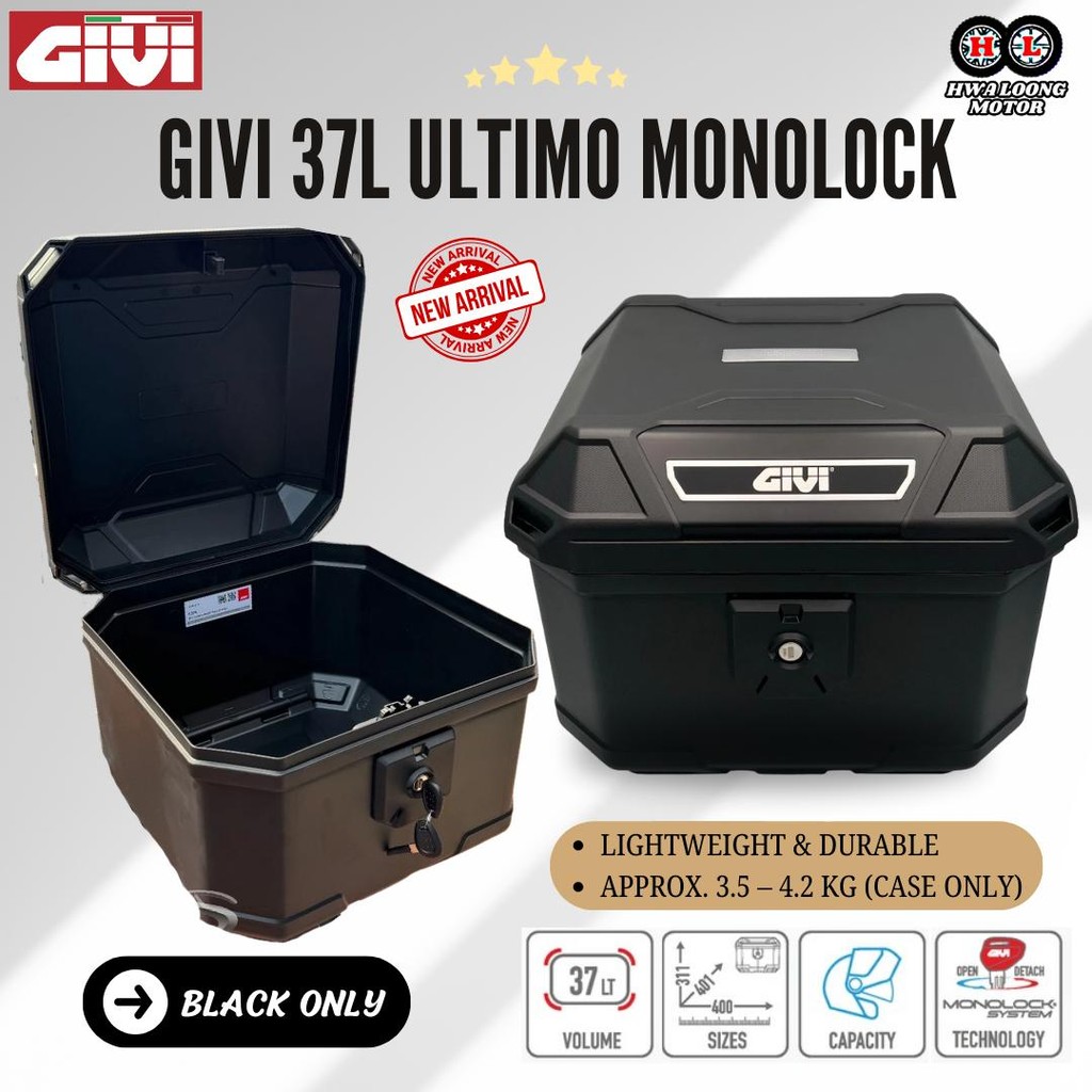 GIVI BOX KOTAK ULTIMO MONOLOCK TOP BOX ABS PLASTIC U37N 37 LITER NEW ...