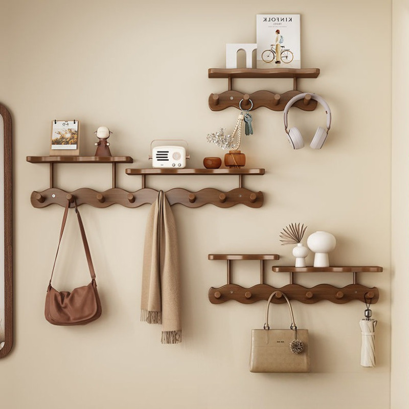 Wall Mounted Wooden Hooks and Storage Rack, Clothes Hanger, Coat Hooks ...