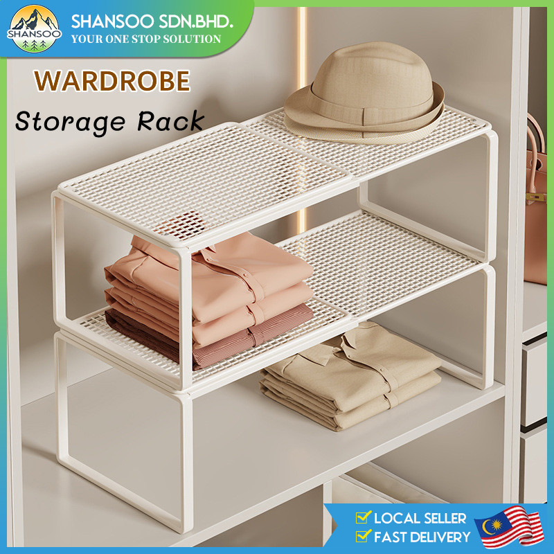 Metal Wardrobe Storage Layered Shelf Rack Retractable Wardrobe Divider ...