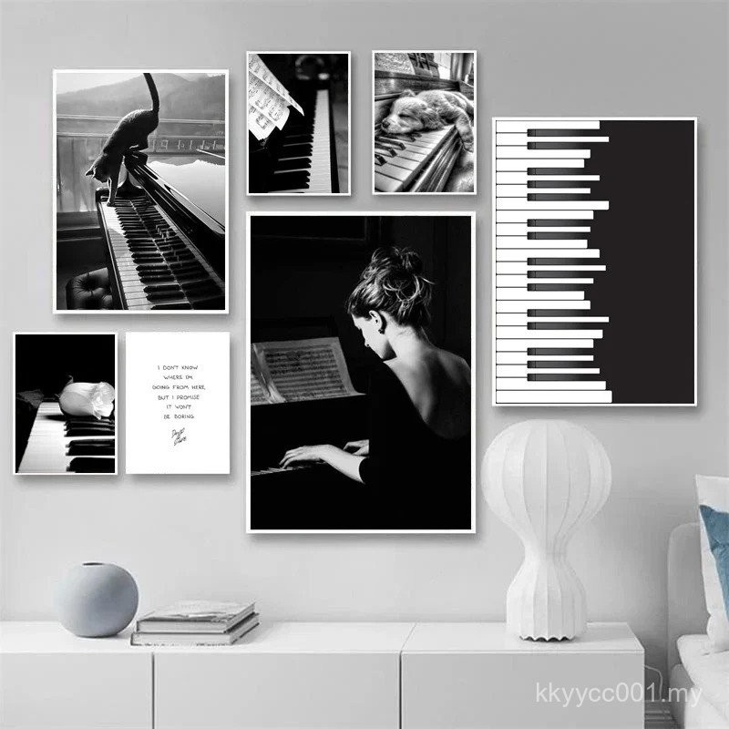 Black and White Piano with Flowers Animal Dog Cat Pet Music Canvas