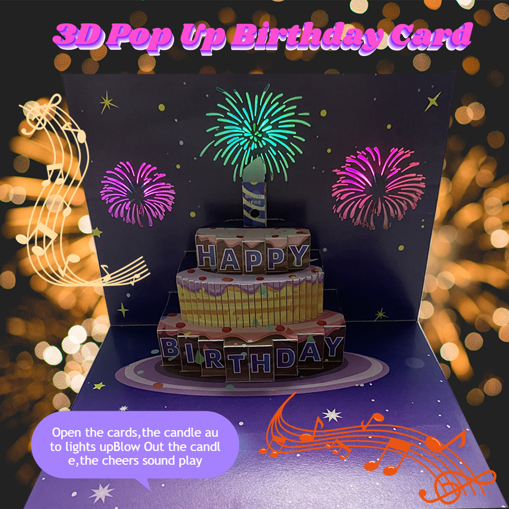 Creative Happy Birthday Card Fireworks 3D Pop Up Blowable Birthday ...