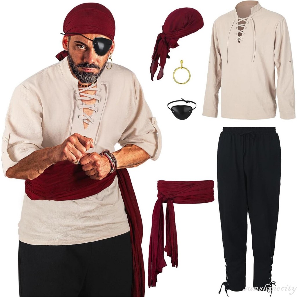 SSC-Mens Halloween Renaissance Cosplay Costume Set Medieval Pirate Shirt  Ankle Banded Pants Headband Belt Eyewear Earring Accessories | Shopee  Malaysia