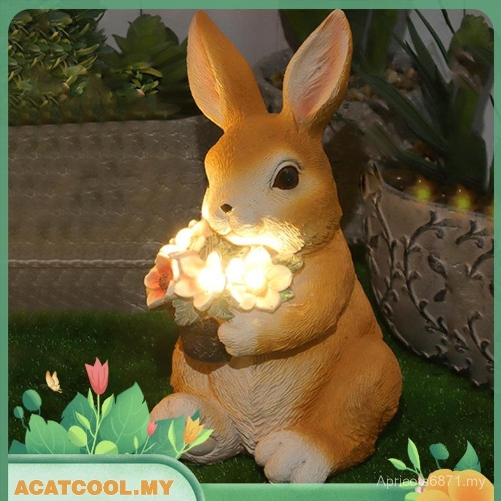Resin Rabbit Statue with Solar Powered Flower Light Garden Easter Bunny ...