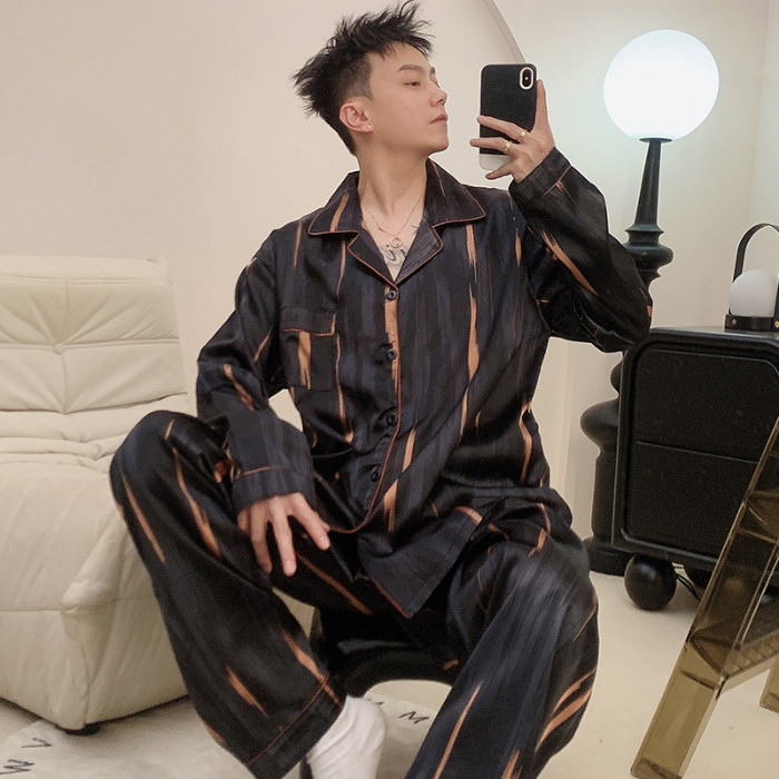 Korean Fashion Plus Size 3XL-5XL Men Silk Satin Long Sleeve