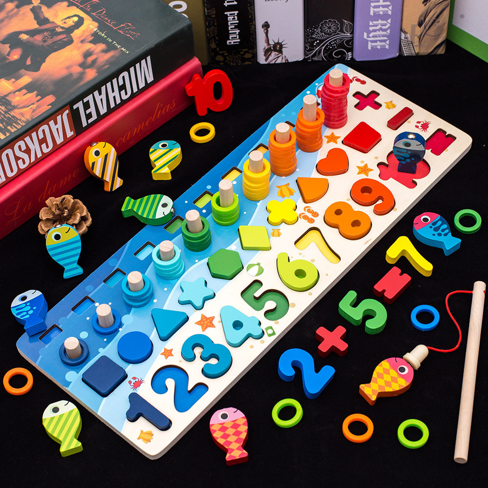 Montessori 5-in-1 Wooden Puzzle Board – Numbers, Shapes, Fishing ...