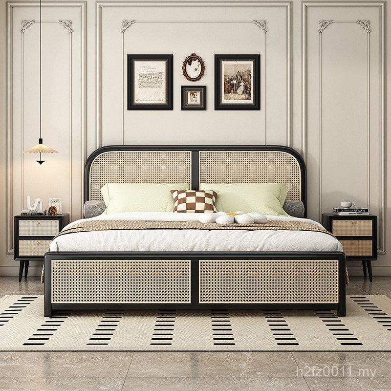 Nordic Rattan Woven Solid Wood Bed Modern Simple 1.8m Double Bed Retro ...