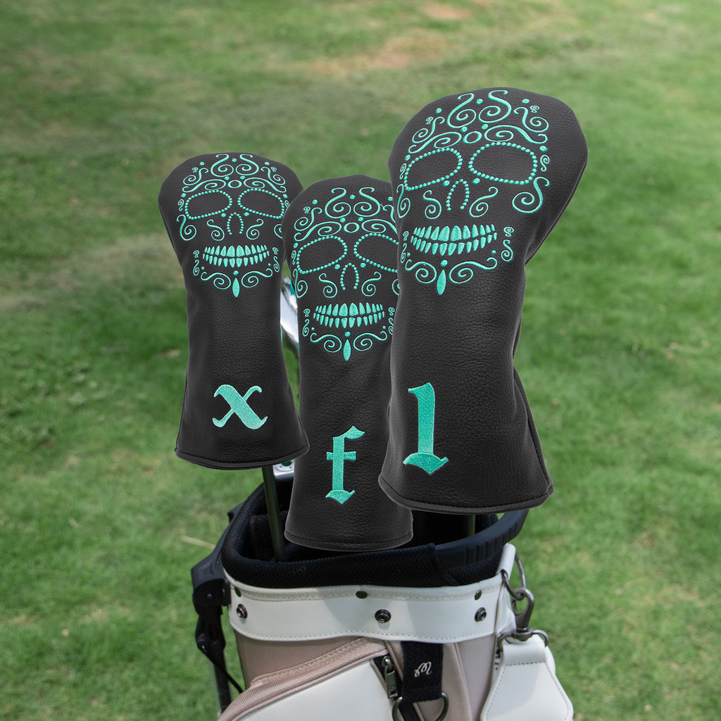 Skull Design Black High Quality Embroidery Golf Club Head Covers Golf