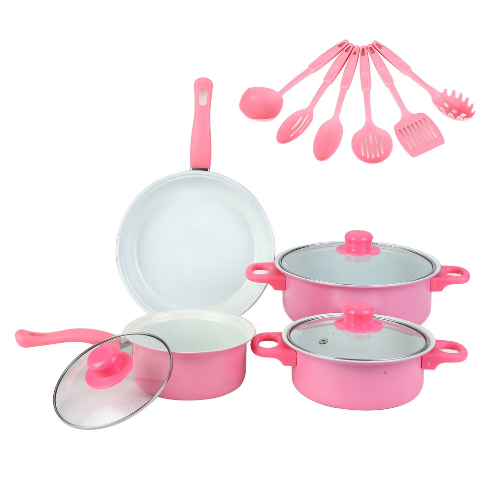 12Pcs Non Stick Cookware Set Deep Frying Pan with Lid Milk Pot Maifan ...
