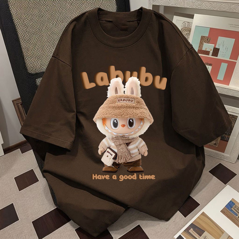 100% Cotton Fashion LABUBU T-shirt Women Oversized Round Neck Korean ...