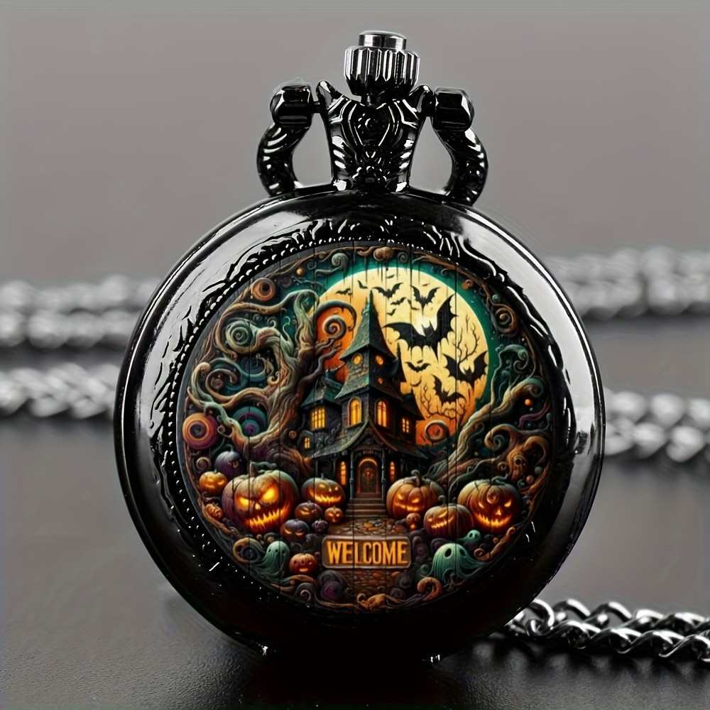 Vintage Halloween Haunted Castle and Pumpkin Themed Quartz Pocket Watch ...