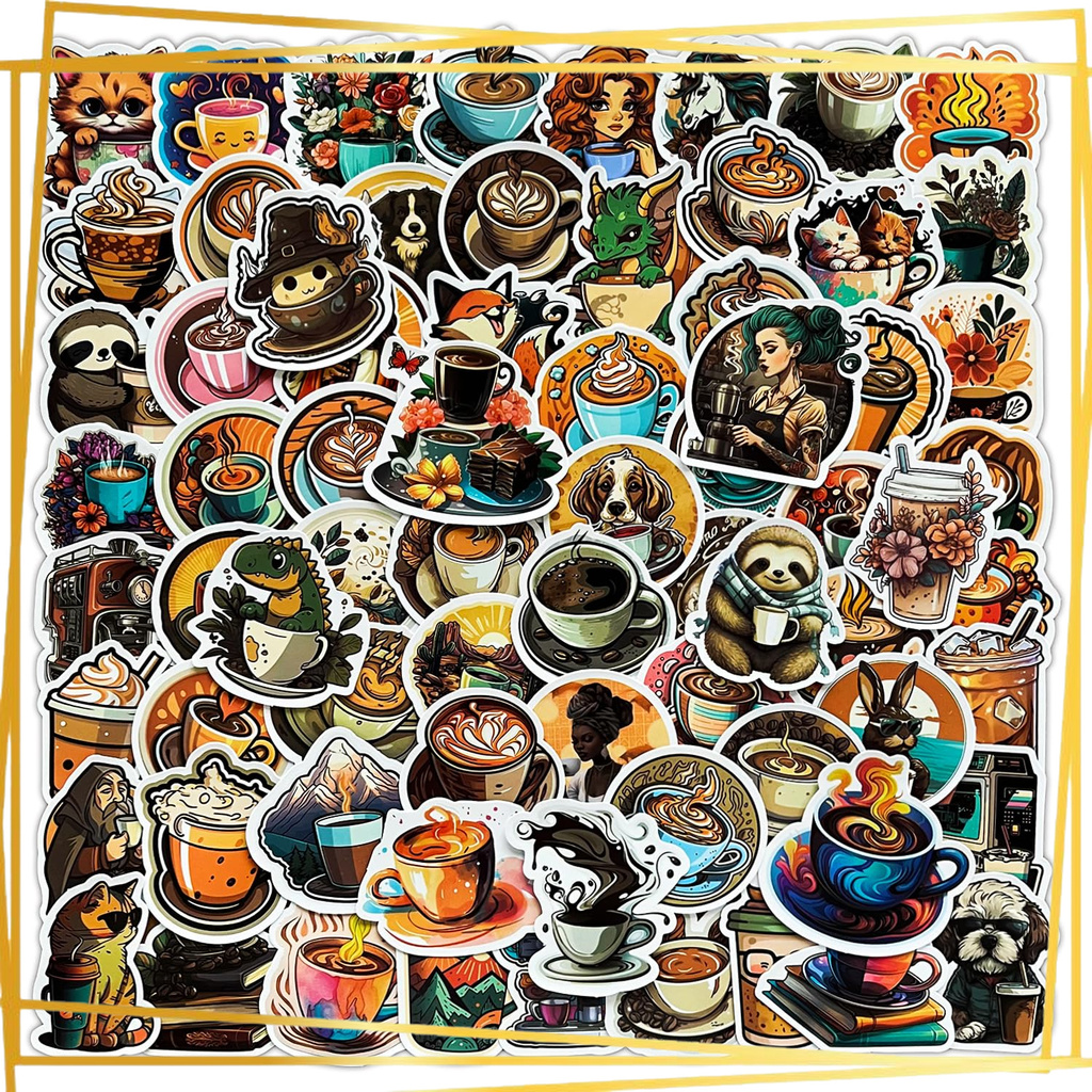 Coffee sticker set of 100 pieces Stylish comic animal coffee stickers ...