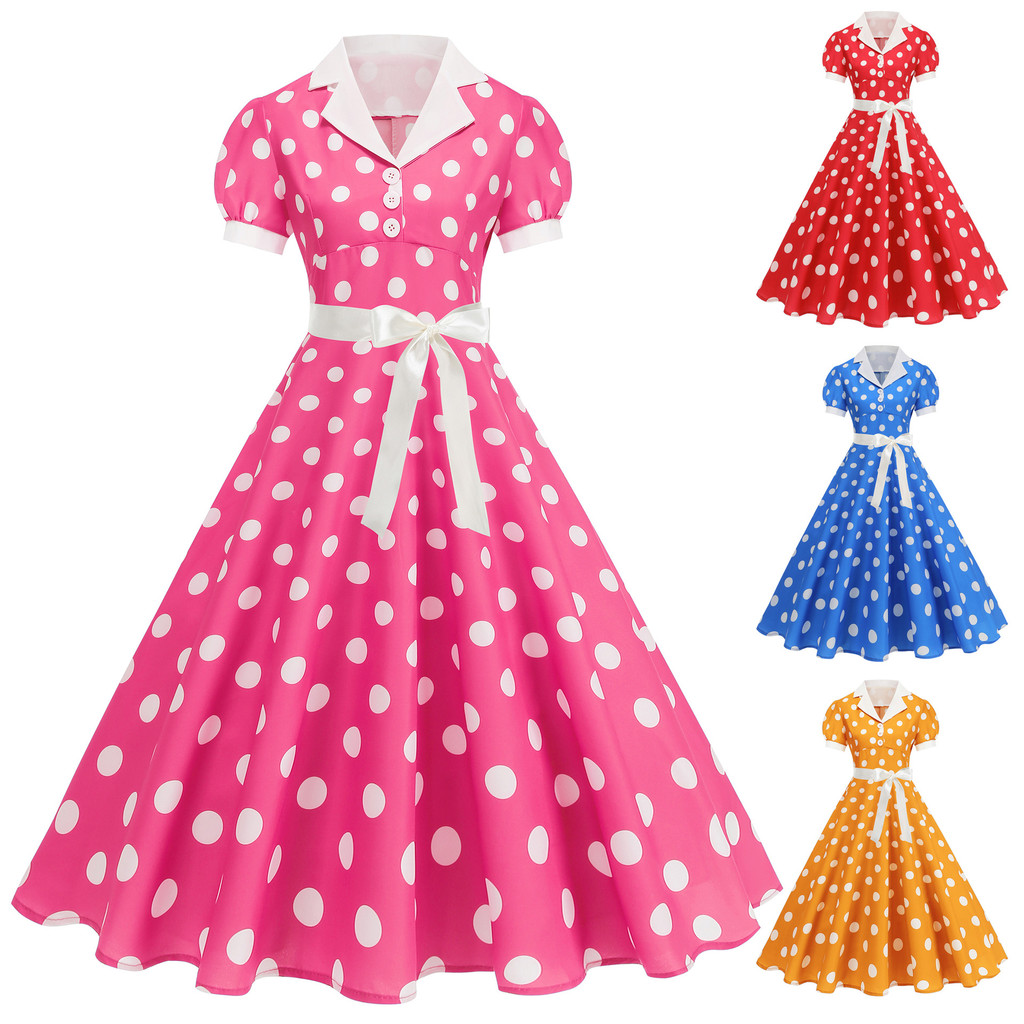 open lace back dress Baylee French Retro Polka Dot V-Neck Dress