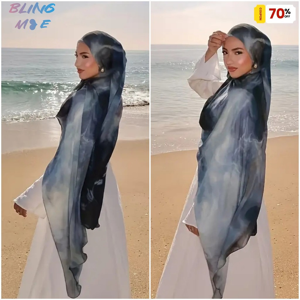 Modal Silk Blend Bohemian Breeze Nordic Shawl Hijab - Grey Blue