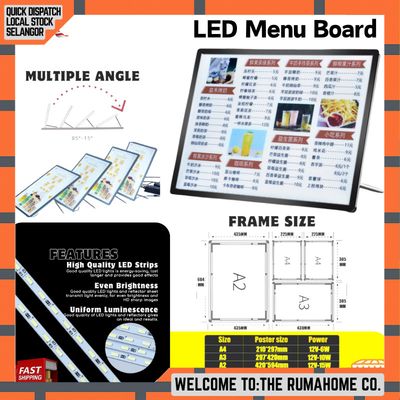 Menu Board LED Lightbox A3 A4 Table Wall Mount Countertop Papan Lampu ...