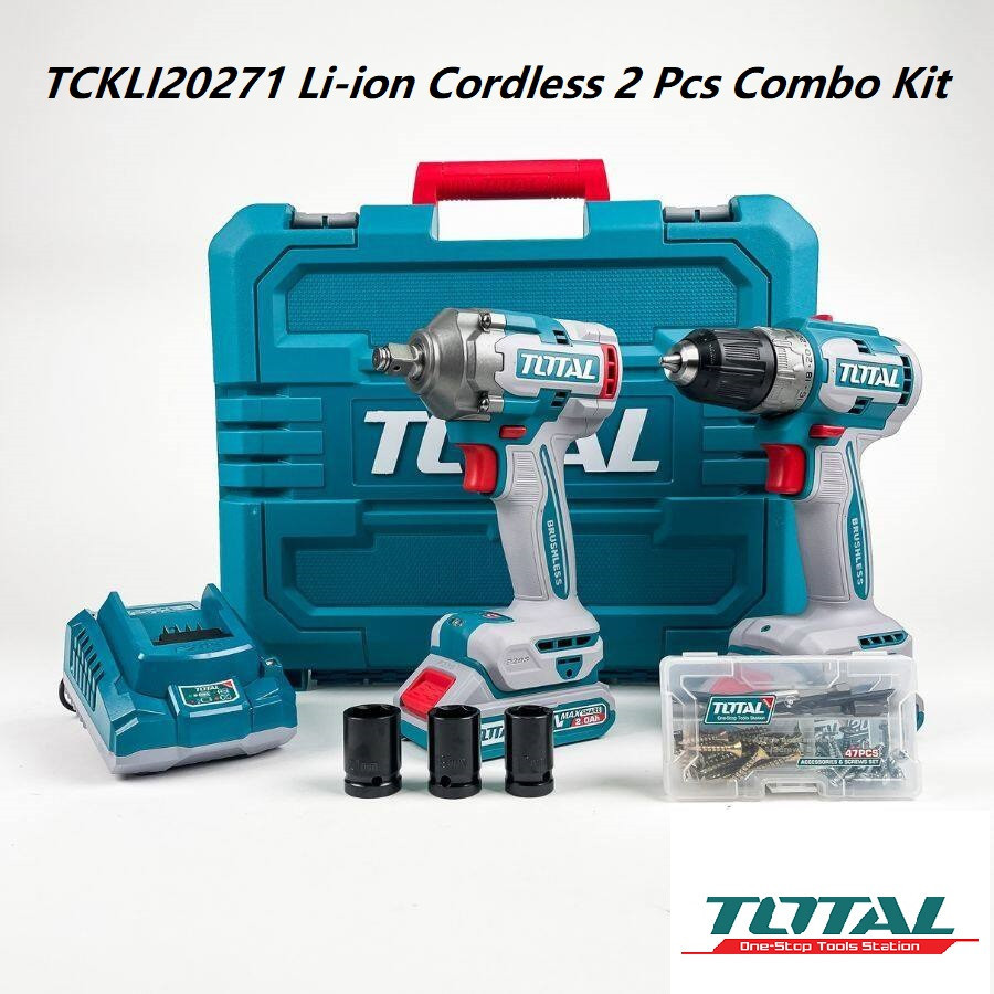 TOTAL TCKLI20271 Li-ion Cordless 2 Pcs Combo Kit Set Brushless Impact ...