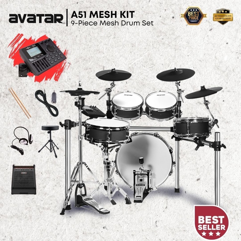 Avatar A51 Professional 9-Piece Mesh Kit Electric Drum Set with Shell ...