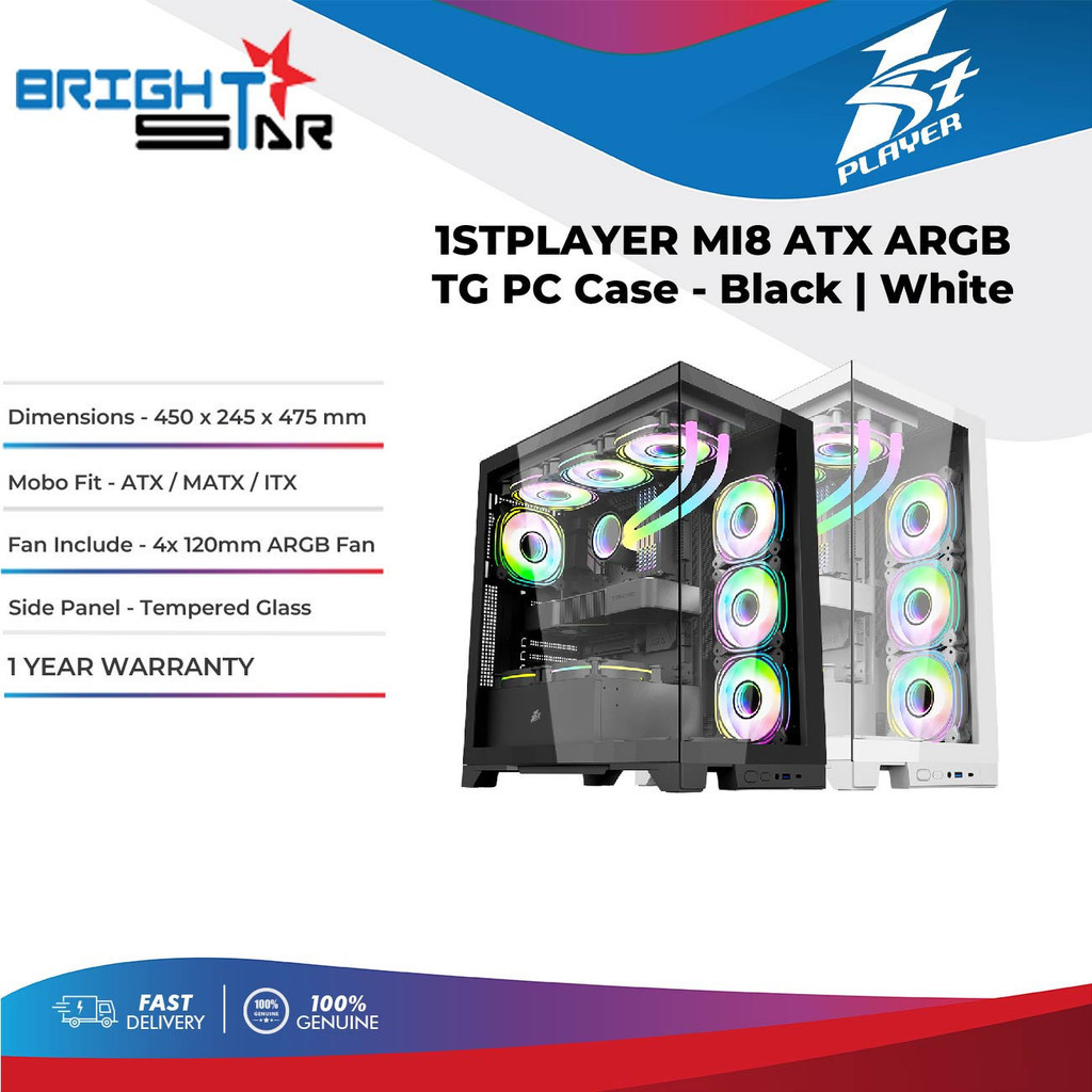 1STPLAYER MI8 ATX TG 4x 120mm ARGB Fans PC Case - Black | White ...