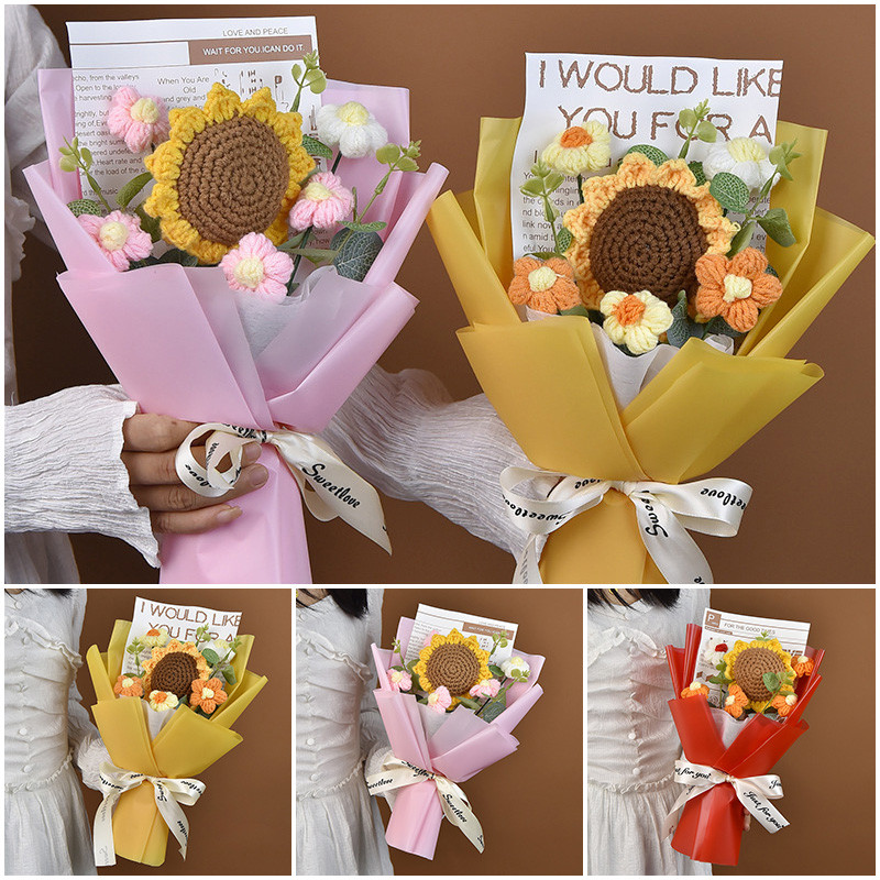 Valentine's Day Gifts Romantic Sunflower Crochet Bouquet Handwoven Rose ...