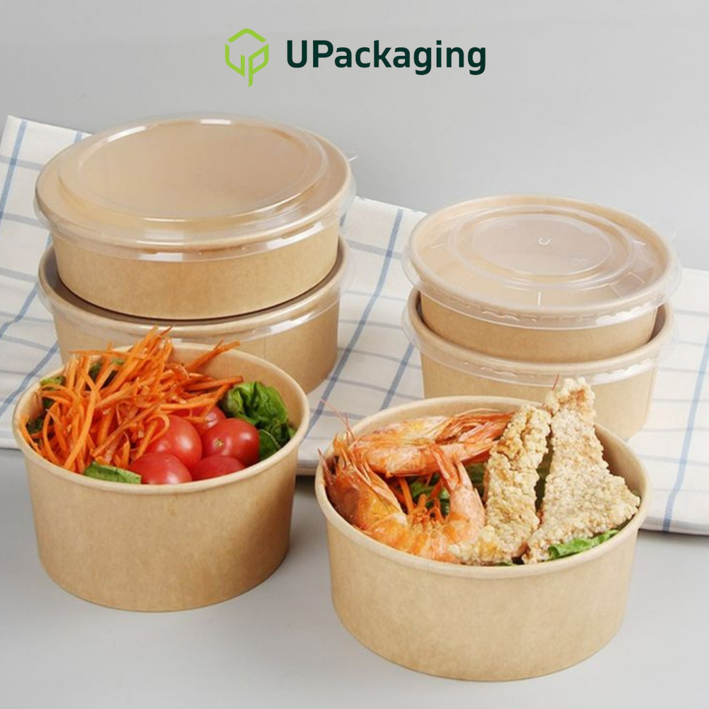 [50 Pcs] ROUND PAPER SALAD BOWL with PET PP Lids Kraft Brown BowlsLunch ...