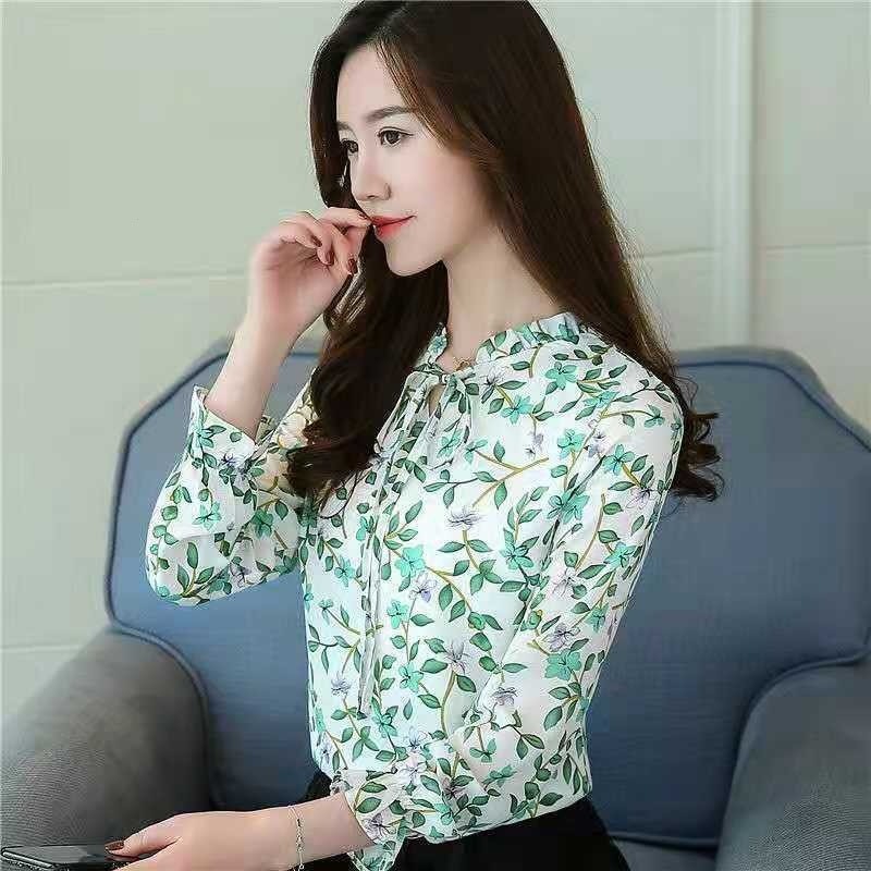 Baju Lengan Panjang Kemeja Perempuan Blaus Wanita Terkini Muslimah S 4XL Plus Size Blouse Women Ironless Chiffon Floral Baggy Korean Style Fashion Casual Office Formal Elegant Temperament Long Sleeve ...