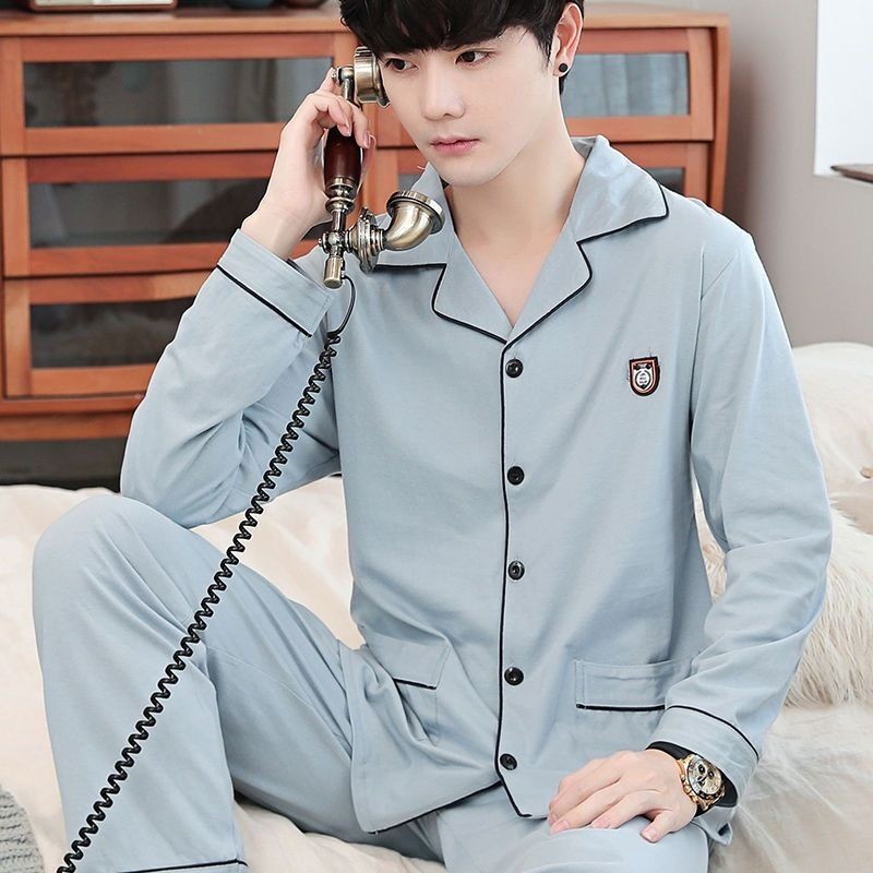 Men's Plain Gray Blue Pyjamas Set – Long Sleeve [8052] | Shopee Malaysia