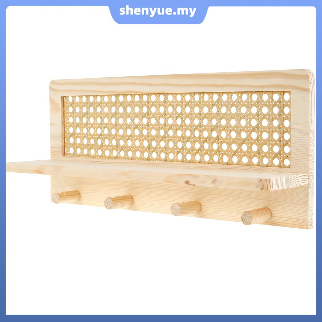 Rattan Rack Shelf with 4 Hooks Decorative Rattan Wall Rack Space Saving ...