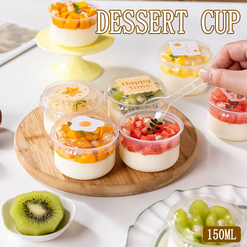 50pcs Disposable Round Pudding Cups with Lid Transparent Plastic for ...