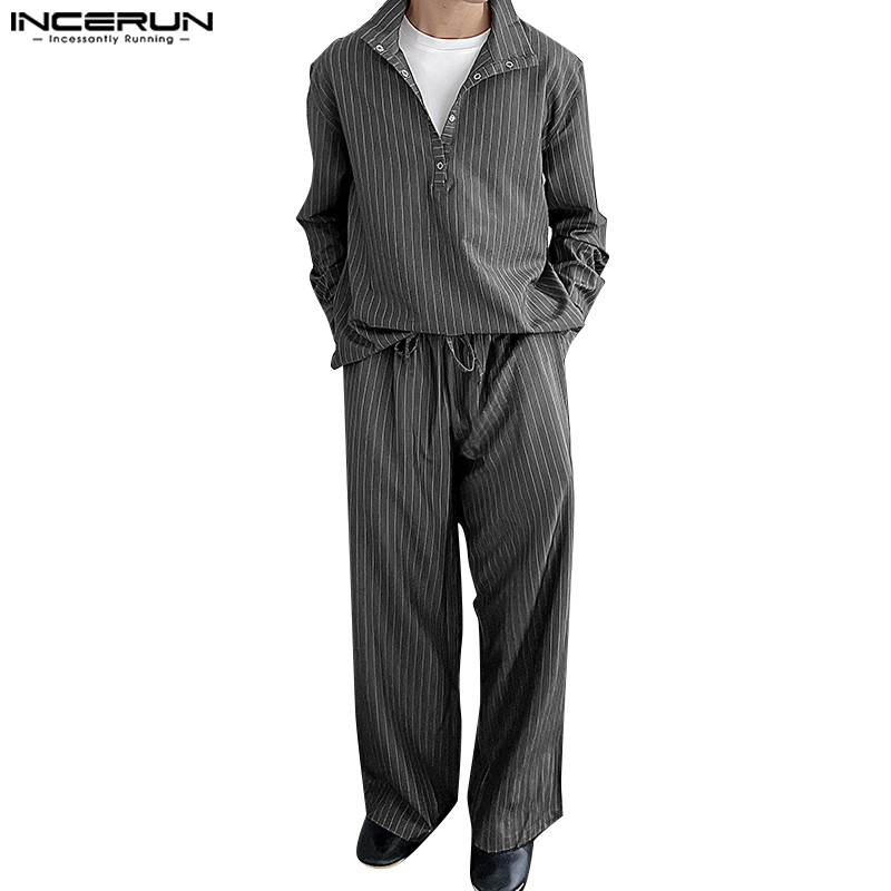 INCERUN Men Korean Casual Lapel Long Sleeve Striped Shirts Pants Sets ...