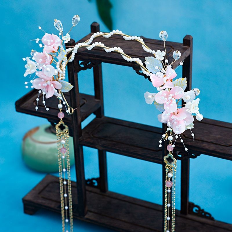 新古风饰品头箍少女长流苏花朵琉璃发饰头饰超仙汉服发箍Chinese Hair Hoop Tassels Full Set Super ...