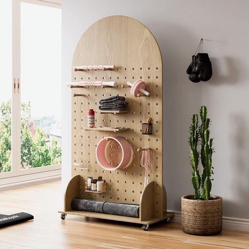 Wooden Pegboard Display Fitness Equipment rack, floor storage rack ...
