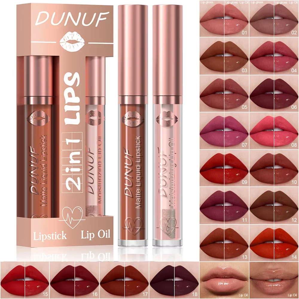 2 in 1 Lip Makeup Kit Matte Lip Gloss+ Lip Oil Set 18 Colors Velvet ...