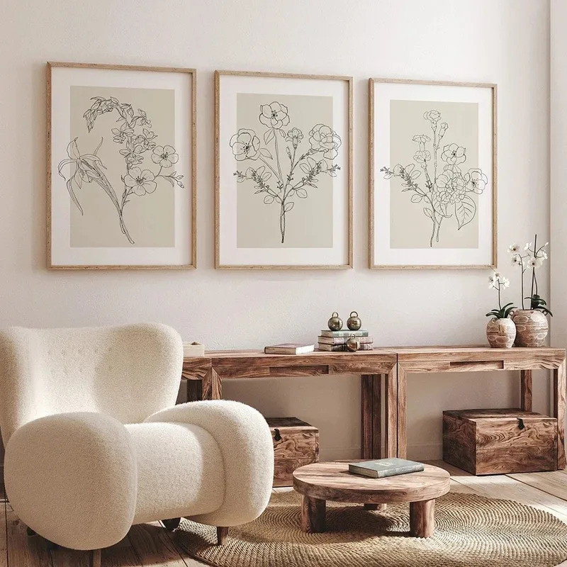 Boho Botanical Flower Line Beige Posters Wall Art lukisan kanvas ...