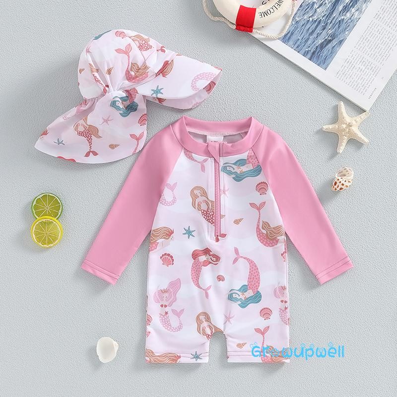 Baby Girl´s Bathing Suit Set Sea Shell Print Long Sleeve Rash Guard ...