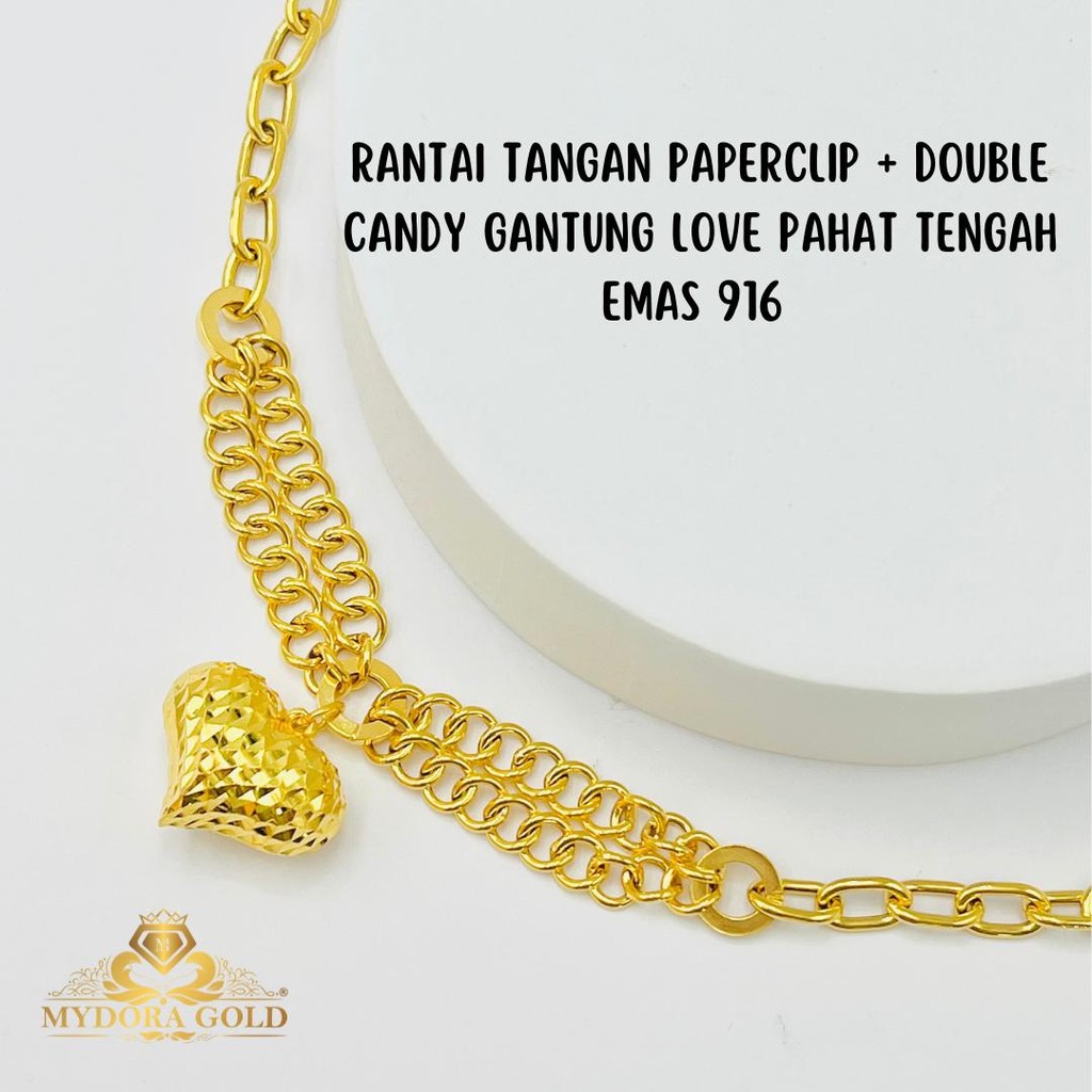 MYDORA Rantai Tangan Fesyen Paperclip + Double Candy Gantung Love Pahat ...