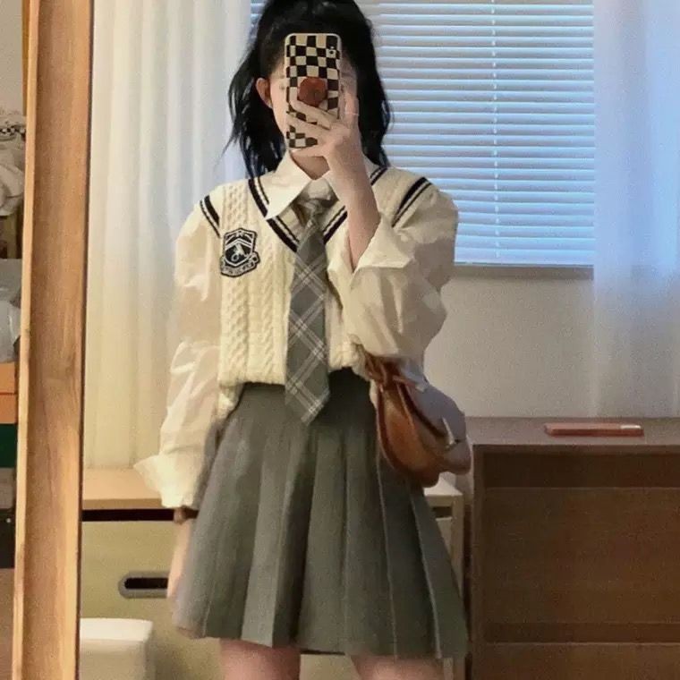 Cici S 4xl jk Clothing 3pcs Set College Style Vest Sweet Knitted Sweater Girl Student Top Shirt Pleated Short Skirt Two Piece Suit Large Size Shopee Malaysia