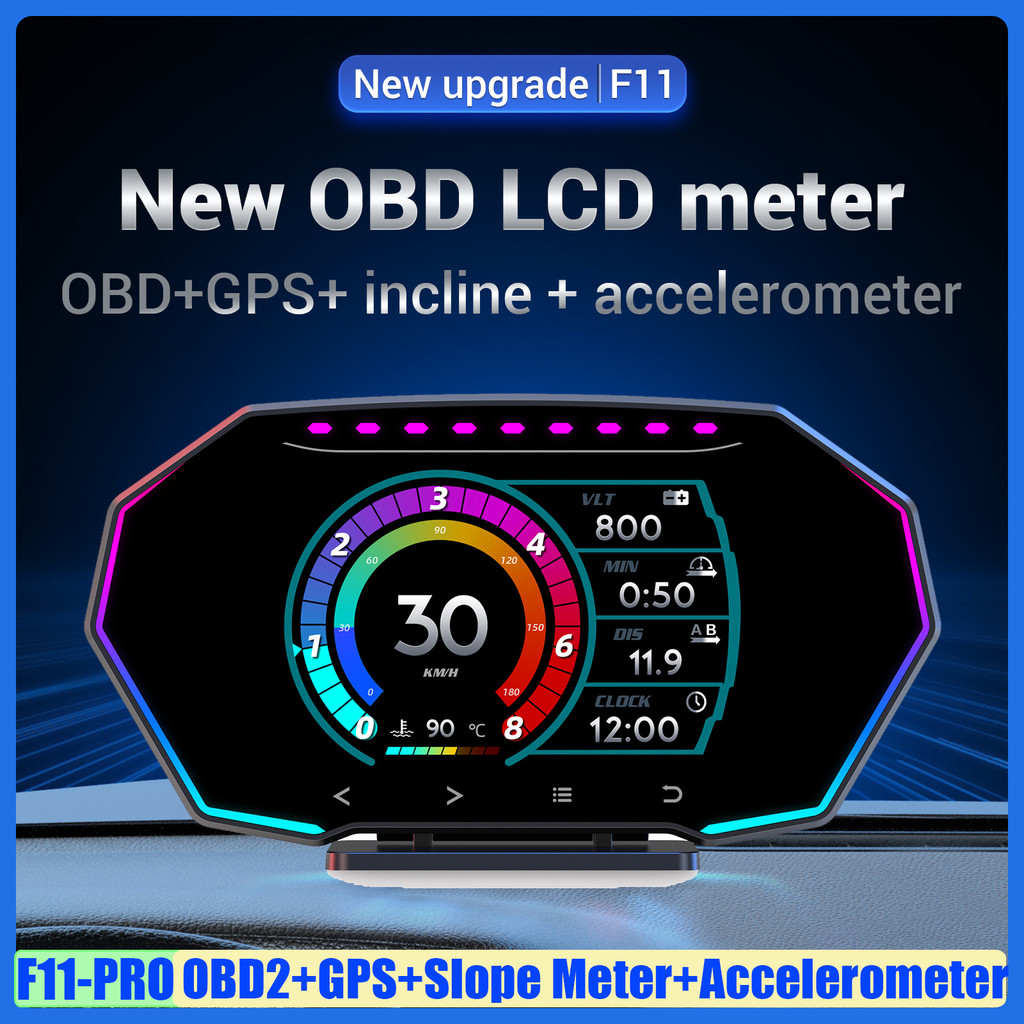 F11-PRO HUD Digital Smart LCD Gauge OBD2+GPS+Slope Meter Head Up ...