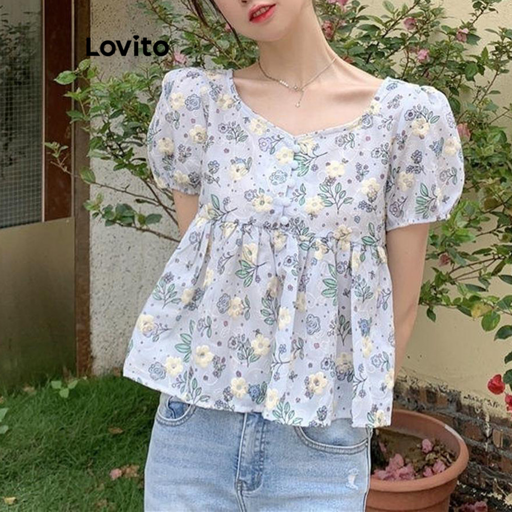 Lovito Casual Ditsy Floral Pattern Ruched Button Blouse For Women Lne Lovito Blus Kancing