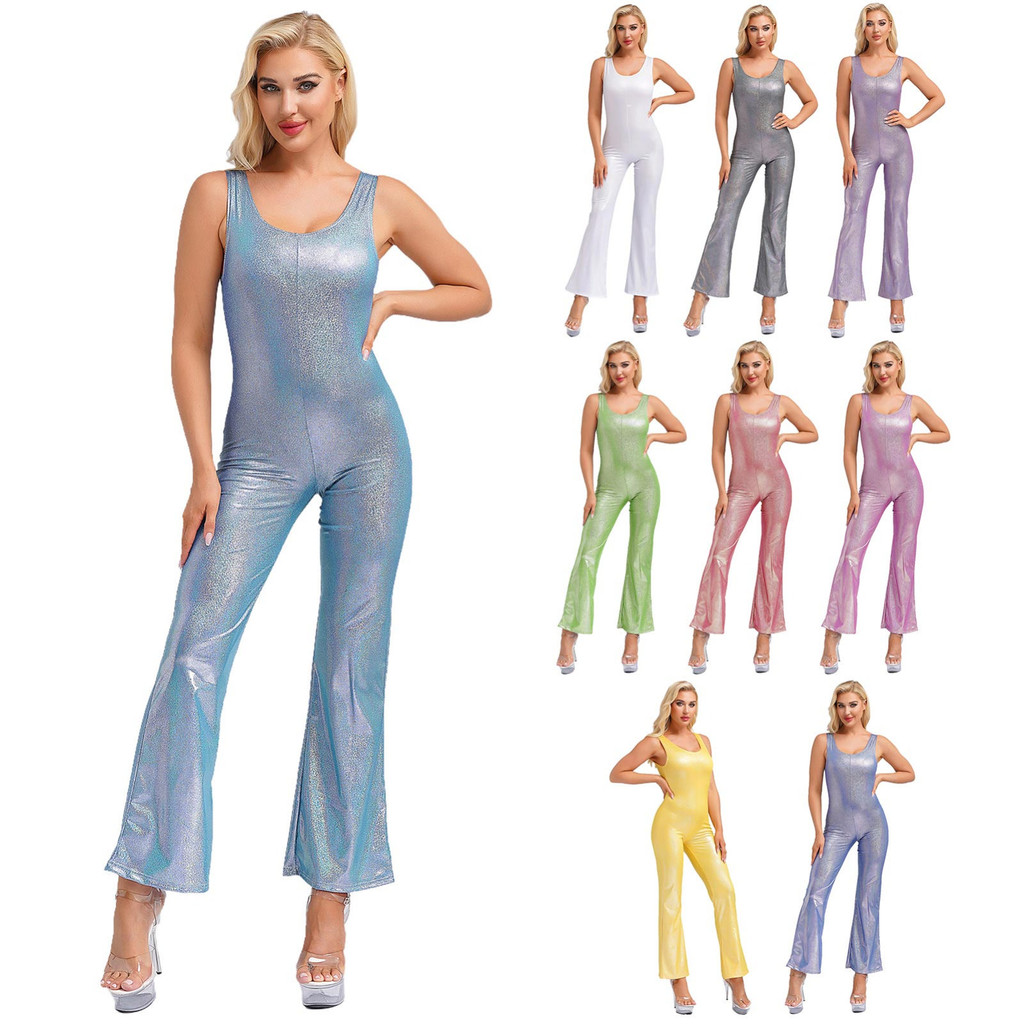 JEYPINMI Women Shiny Metallic Tank Unitards U Neck Sleeveless Full ...