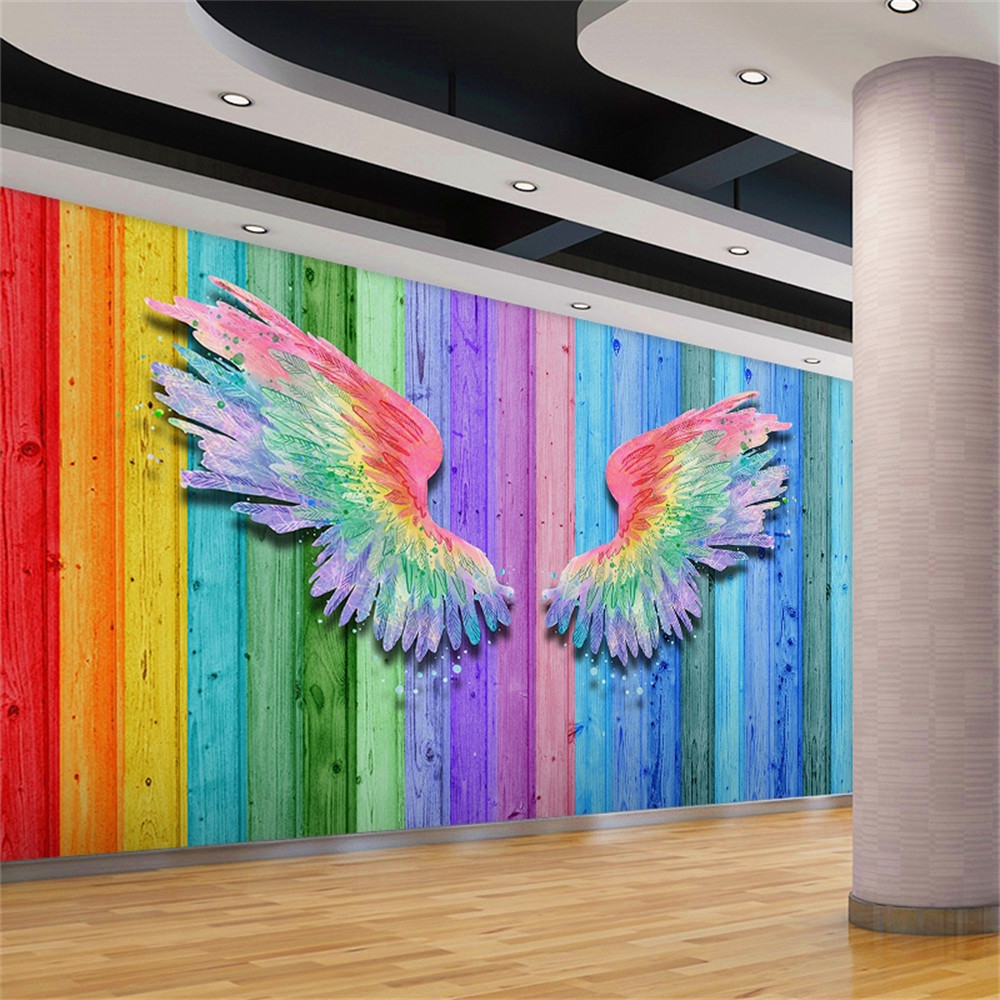 Custom 3D Rainbow Angel Cool Colorful Wings Wallpaper Mural for KTV Bar ...