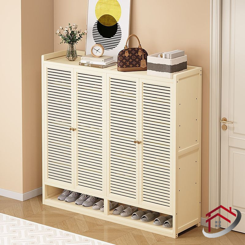 Shutter Door Shoe Cabinet Bamboo Shoe Rack Cream Dustproof Shoe Cabinet ...