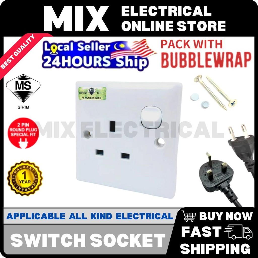 SIRIM 13A 250V 3 Pin Plug Single Switch Socket Outlet Wall Socket ...