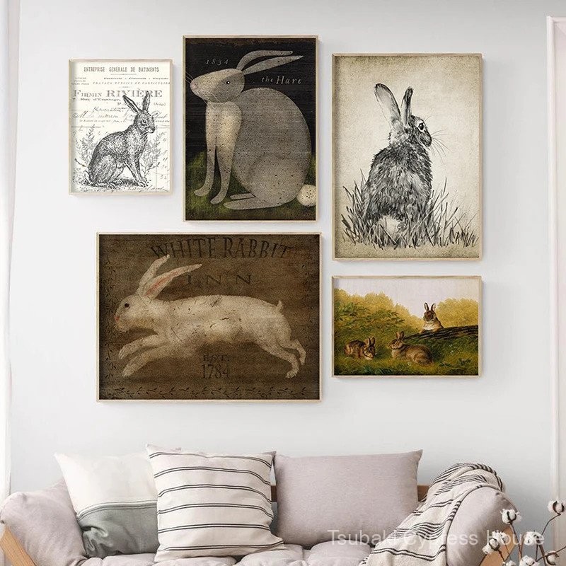 Rabbit Vintage Oil Painting Canvas Art Prints Nursery Wall Decor ...