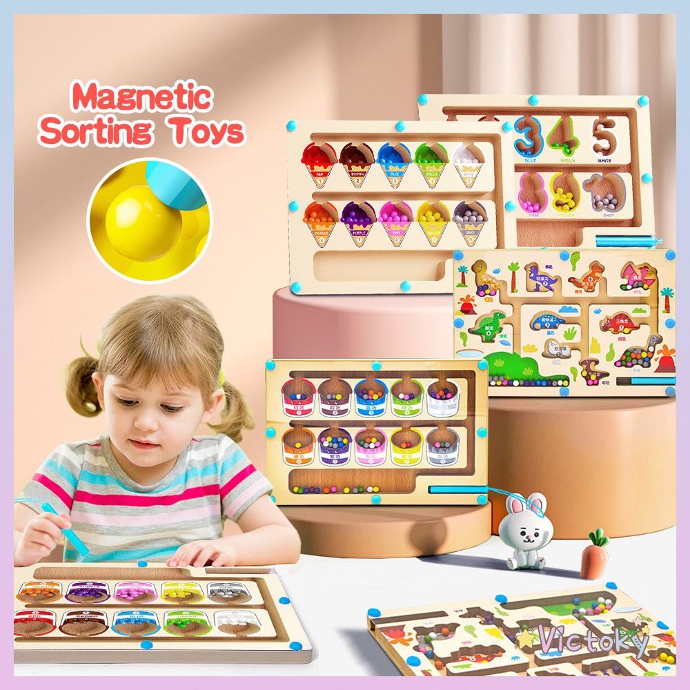 Victoky 2in1 Wooden Magnetic Sorting Maze Toy Magnetic Colour and ...