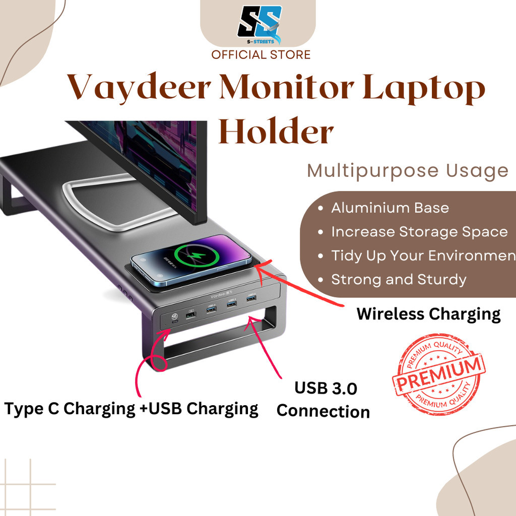 VAYDEER Monitor Riser Stand Wireless Charging Aluminum with USB3.0 Hub ...
