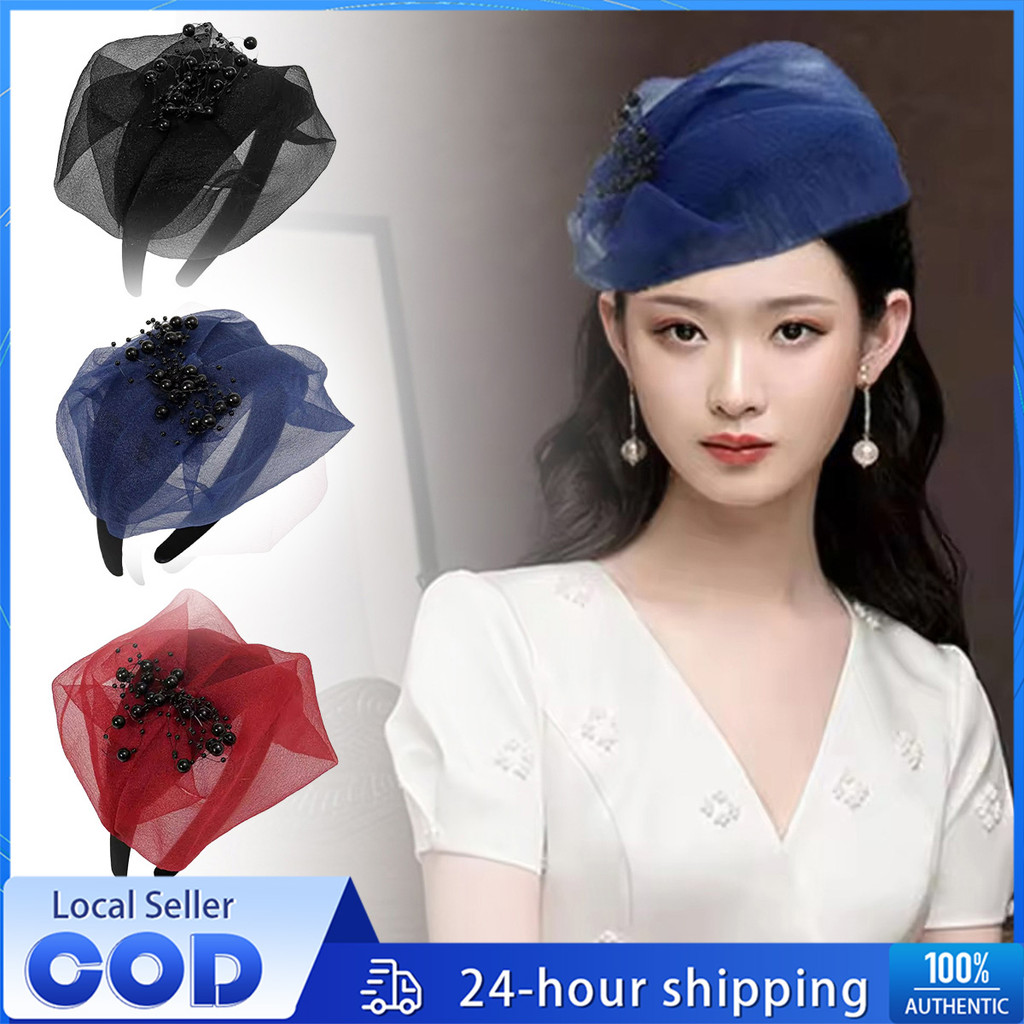 Elegant Bead Yarn Half Hat French Hair Accessories Mesh Veil Fascinator ...